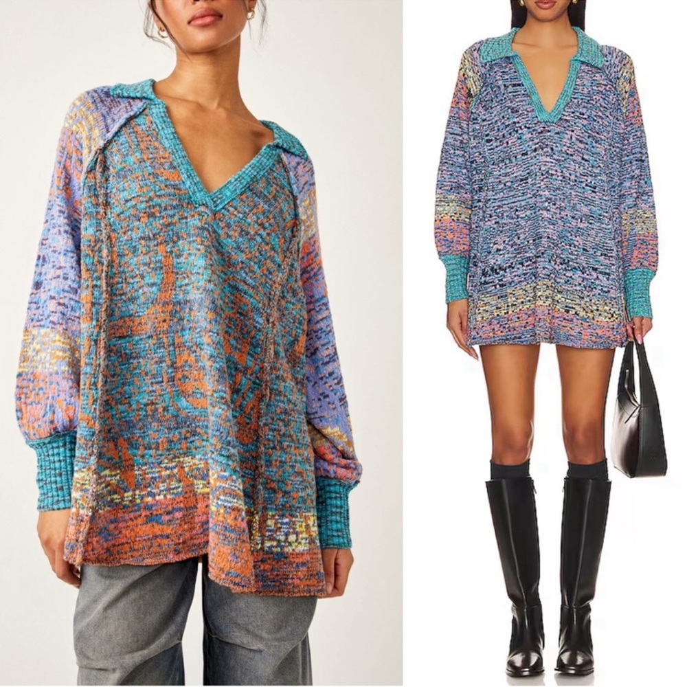 FREE PEOPLE Season Of Sun Colorful V-Neck Oversized Sweater  Boho grunge‎ Small